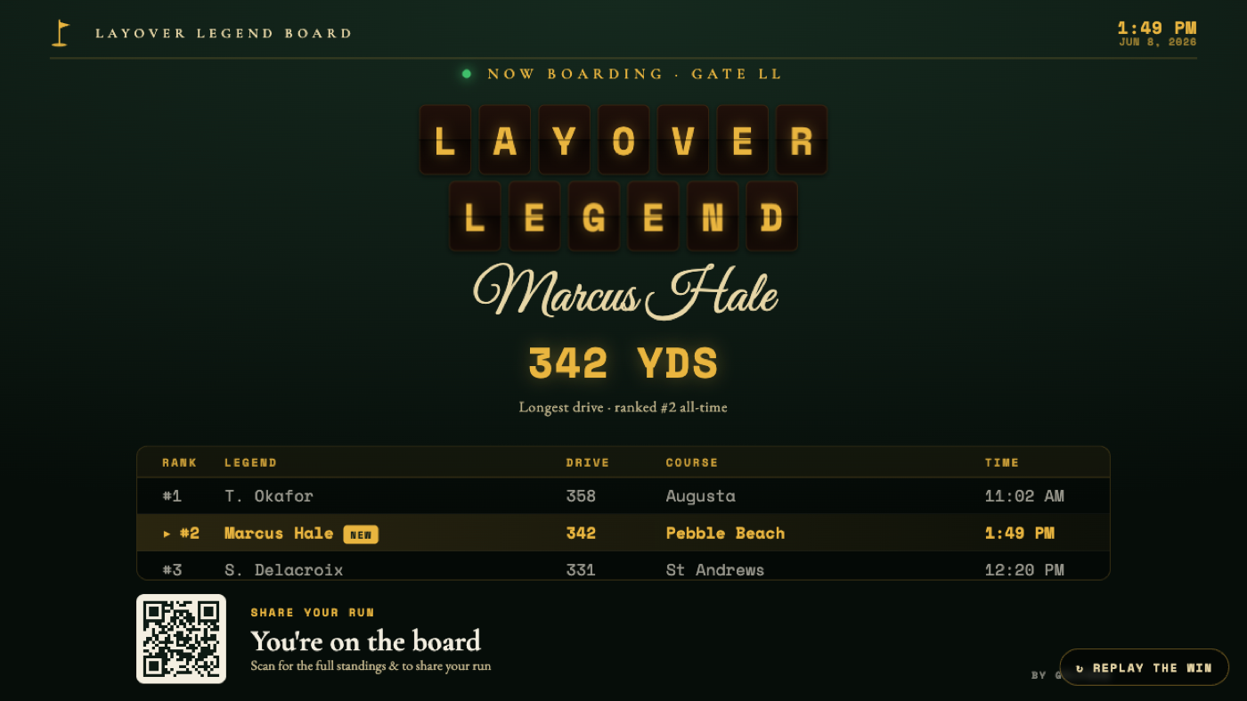 Golf DEN Layover Legends airport-departures reveal board
