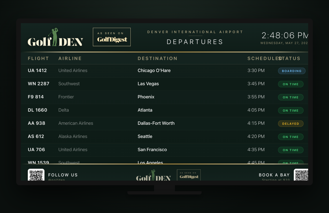 Golf DEN flight-departures bay status display