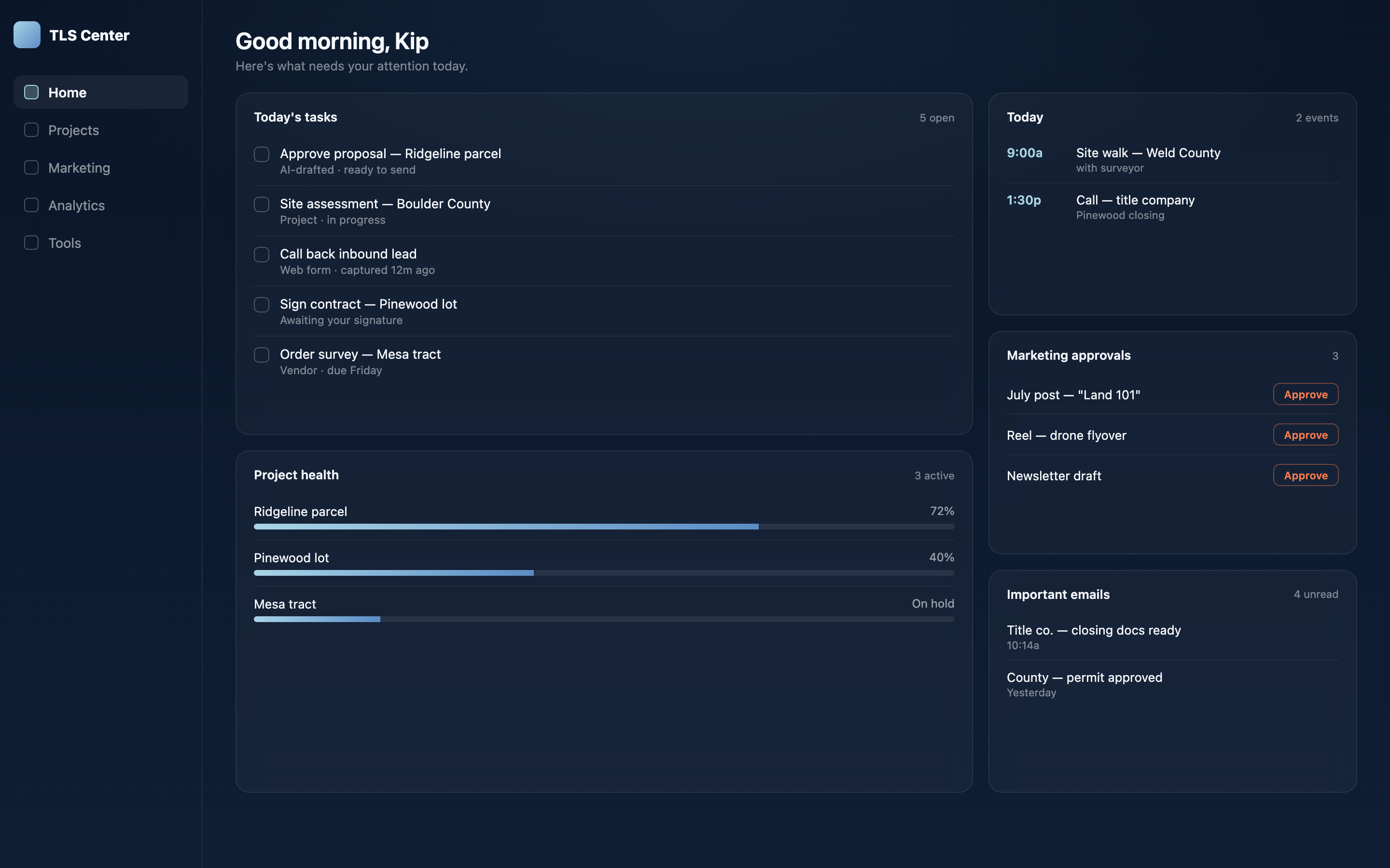 TLS Land Services command center dashboard